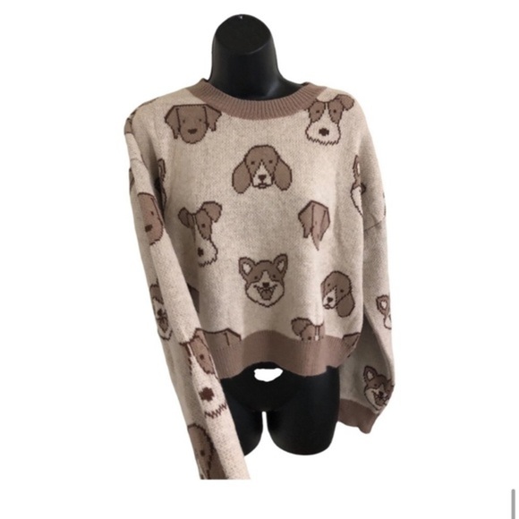 Beige cream brown adorable puppy dog face print long sleeve sweater‎ size medium - Picture 9 of 16